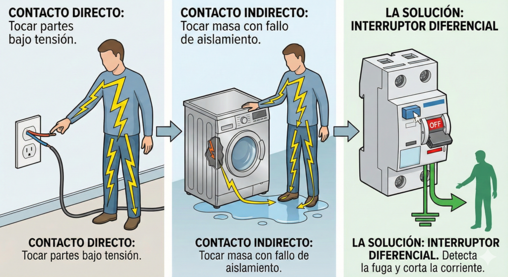 Alt="Contacto directo e indirecto y el interruptor diferencial"