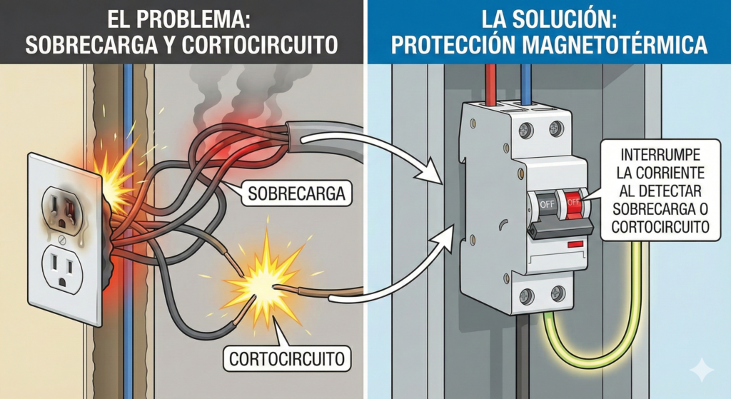 Alt="Representa sobrecarga, cortocircuito y el magentotérmico como elemento protector