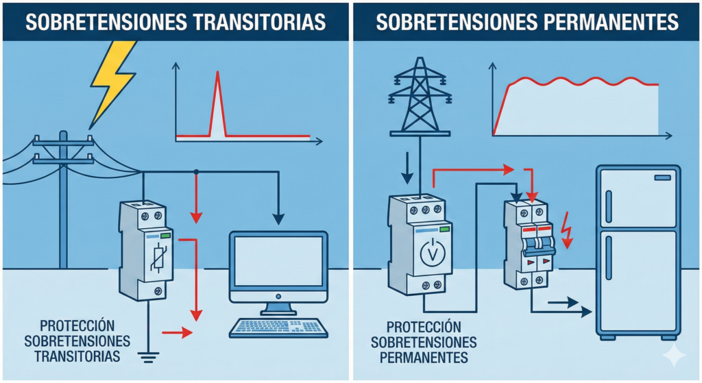 Alt= "sobre tensiones transitorias, sobretensiones permanentes y protector de sobretensiones"