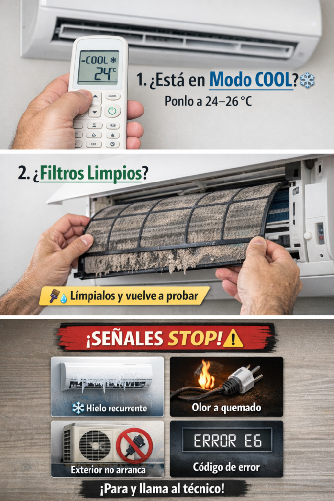 Alt=" Modo correcto, filtros sucios, hielo en la unidad interior, olor a quemado"
