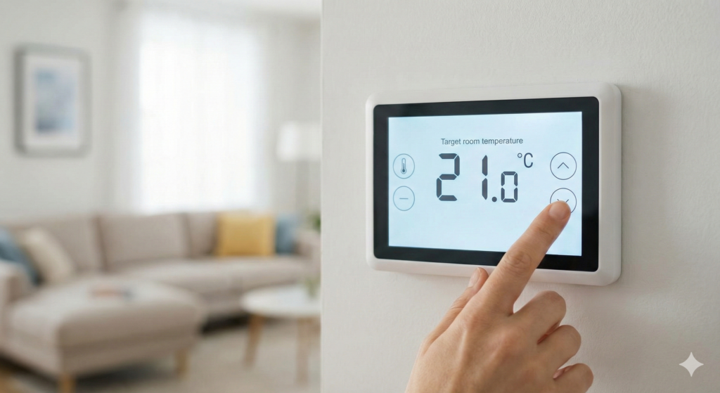 Alt="Un termostato de pared moderno mostrando la temperatura de confort recomendada (21ºC)"